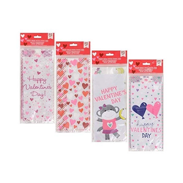 Valentine's Heart-Themed Cellophane Treat Bags with Twist Ties, 25-ct. Packs Great for Goody Bags and Candy Gifts Bags