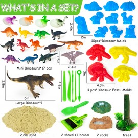 YongnKids Dinosaur Sensory Bin Sandbox Toys,Sensory Sand Art Kit with 14 Dinosaur Toys & 2.2lb Magic Sand & Dinosaur Sand Molds -Fun Sand Toys Birthday for Girls Boys Toddler 3 4 5 6 7 Years Old