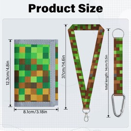 JONYEE Kids Wallet for Boys Girls 5-16, Boys Trifold Wallet with Lanyard and Zipper Coin Pocket for Kids Toddler Children, Novelty Sports Wallet with Stickers and Card Holder -Green Block