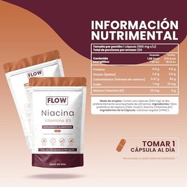 NIACINA (Vitamina B3) - Flow Supplement | LLEVA MÁS X MENOS - Vitamina B3-500 mg - 220 Cápsulas | Suplemento Alimenticio para *7 meses* - Aporte diari