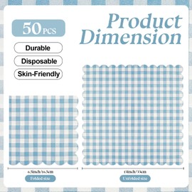 50PCS Blue Scalloped Gingham Paper Napkins - Light Blue and White Striped Luncheon Napkin, Checkered Dessert Napkins, Disposable Decorations Supplies for Birthday Baby Shower Wedding Party