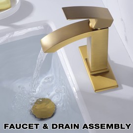 TRUSTMI Gold Bathroom Faucet Single Handle Single Hole Waterfall Bathroom Sink Faucet with Metal Pop Up Drain and Deck Plate, Square-Shaped, Brushed Brass