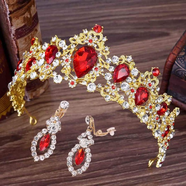 Aularso Bride Wedding Crown and Tiaras with Earring Queen Gold Rhinestone Headbands Crystal Bridal Hair Accessories Wedding Jewelry Set for Women and Girls(Red)