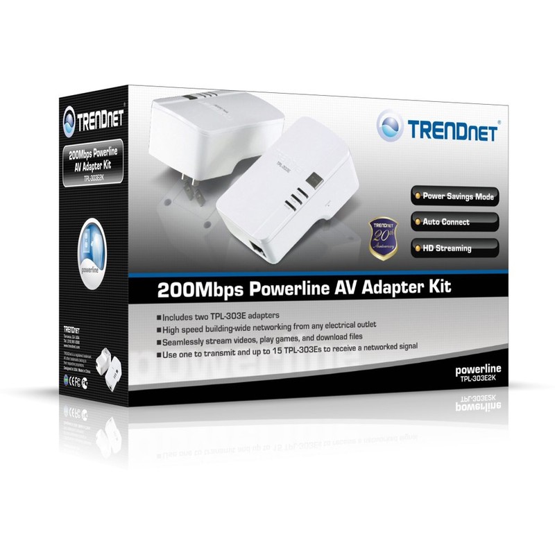 TRENDnet 200 Mbps Powerline Ethernet AV Adapter Kit TPL-303E2K (White)