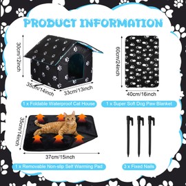 Ylinge Outdoor Waterproof Cat House Stray Pet Outdoor Houses for Feral Shelter for Cats Dog Collapsible Pet Shelter with Self Warming Pad Blanket, 3 Pcs Tent Stakes(S Size)
