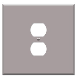 OVERSIZED Metal Outlet Cover, 2 Gang Jumbo Electrical Outlet Cover Plate (for 1 Centered Device), Wall Plate Cover for Duplex Outlets, Steel Painted Grey - UL Listed, 5.5" x 5.5" - Made in USA
