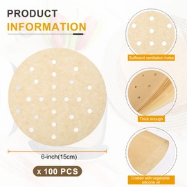 QUARKZMAN Pack of 100 Air Fryer Liners, 6 Inch Round Bamboo Damper Liner with Holes, Non-Stick Perforated Parchment Paper, Disposable Damper Paper for Air Fryers Steamer Basket, Brown