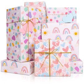 Larcenciel Gift Wrapping Paper, Colourful Birthday Wrapping Paper w/Gift Tag, Rainbow Heart Wrapping Paper Sheet for Girl, Eco Gift Wrap for Birthday, Christmas, Wedding, Anniversary, 4 Sheets 70x50cm