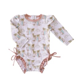 Caden Lane Long Sleeve Rash Guard with Ruffle Bottom, Girls Swimwear with UPF 50+ Sun Protection, Quick-Drying, Sun and Chlorine Resistant Fabric Beachwear, Endless Summer, 2T