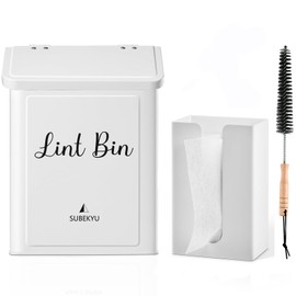 SUBEKYU Magnetic Lint Bin and Dryer Sheet Holder Set for Laundry Room, Metal Lint Trash Can with Lid and Lint Box Magnetic for Mounting on Dryer,Wall Mount Lint Bin for Laundry Room,White