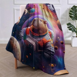 Vanzev Space Capybara Astronaut Flannel Blanket,Cosmic Planets and Rainbow Soft Lightweight Throw Blankets Gifts for Women Animal Lovers,50" x 40" Perfect for Couch Bed Home Travel Decor