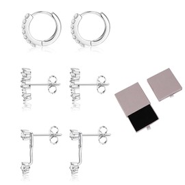 Auiremrti 925 Silver Women's Earrings Set - 3 Pairs Hypoallergenic Earrings with Zirconia Perfect for Multiple Ear Holes - Includes Silver Pearl Jewellery Box, 白金