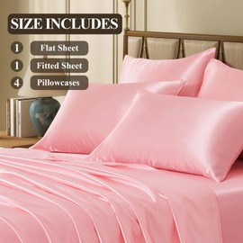 VCUSUELER Silk Like Satin Bed Sheets, 4-Piece Pink Twin Size Satin Sheets for Hair and Skin, Luxury Silky Bedding Set with Deep Pocket for Mattress (Twin, Pink)