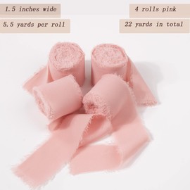 4 Rolls Chiffon Ribbon, 22 Yards Wrapping Ribbon,1.5 Inch Pink Fringe Silk Ribbon for Gift Wrapping, Bridal Bouquets, Wedding Invitations