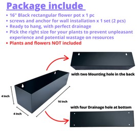 LaLaGreen Wall Planter (16 Inch, 2 Pack) Rectangular Metal Hanging Flower Pot for Succulents Carbon Steel Black, Long Window Sill Box Modern Fence Floating Garden Shelf for Deck Indoor Outdoor Decor