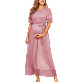 AISWI 2025 Maternity Sparkly Mesh Maxi Flowy Dress with Belt Ruffle Sleeves Pregnant Long Dress Baby Shower Photoshoot Formal, Plum Pink, Small