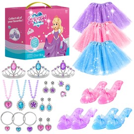 AUTOWT Ropa de Princesa para Niñas Pequeñas, Conjunto de Disfraces de Princesa de 21 Pcs con Coronas Zapatos Pendientes Collares Pulseras Anillos, Juguetes de Juego de Pretender y Regalos para Niñas