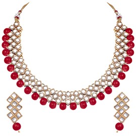 Aheli Stylish Bollywood Wedding Party Wear Necklace Earring Set Indian Ethnic Traditional Jewelry for Women (Red)