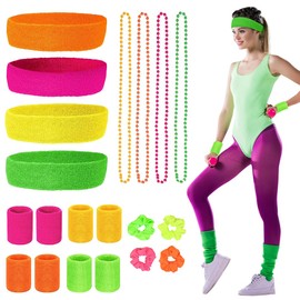 mizikuu 20Pcs Sports Headband and Wristband Set, 80s Neon Sweat Bands Absorbent for Gym Sports Yoga Running Sweatbands for Women Soft and Elastic