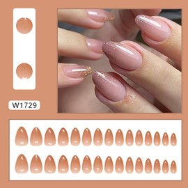 Almond Press on Nails Medium Fake Nails with Gold Glitter Ombre Designs Light Brown False Nails Press ons Nude Acrylic Nails Fall Glue on Nails Artificial Stick on Nails for Women 24Pcs