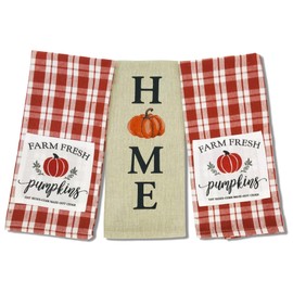 Serafina Home Fall Pumpkin Kitchen Dish Towels Set, 3pc: Colorful Autumn Red Orange Plaid with Farm Fresh Pumpkins Rustic Applique Background.