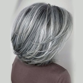 Aisaide Silver Wig Layered Wig with Curtain Bangs for Women Light Grey Synthetic Short Bob Straight Gray Ombre Wig Highlighted Pixie Cut Wig for Daily Use