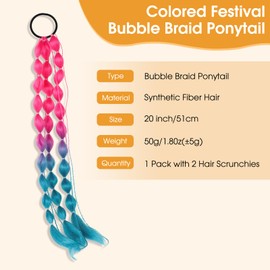 Colored Hair Extensions, 20" Lightweight Bubble Ponytail Extensions for Kids with 2 Silk Satin Hair scrunchies, Crazy Hair Day Accessories for Girl Women Kids Favor Gift (Dark Pink to Blue)