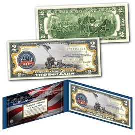 Marines 250th Anniversary Milestones of The U.S. Armed Forces Two Dollar Bill Collectible Blue Display Holder and Certificate