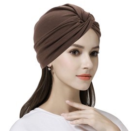 ITODA Turban Women's Fashion Cap African Headscarf Head Wrap Hat Pre-Tied Knot Sleeping Hat Cotton Turban Hat Elasitic Sleep Cap Pleated Headwear for Hair Loss Sleeping Leisure Brown