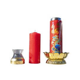 1 Pair - Tower Pillar Red Prayer Candles with Safety Casing. Long Lasting 72 Hours, 2 of 21.1oz Candle. Buddhism, Taoism Worshipping Ritual Light. Quality Wax, Glass Red Candles. Made in Taiwan 光明燈