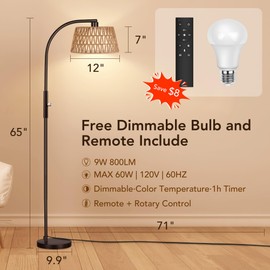 ROTTOGOON Arc Rattan Floor Lamps for Living Room with 3 Color Temperatures, Boho Floor Lamps with Remote & Dimmable Bulbs, Bohemian Farmhouse Floor Lamps for Bedroom, Office, 9W, Black