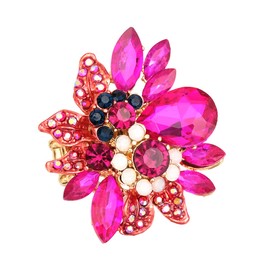 CSY Luxury Women's Austrian Crystal Leaves Flower Big Cocktail Statement Rings Stretch Adjustable Ring Jewelry Accessories (hot pink-gold tone)