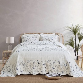 VatinHK 100% Cotton 120"x120" Oversized King Bedspread - Reversible Blue Floral King Quilt Set 3pcs, Lightweight Luxury Comforter Bedding Set with 2 Pillow Shams, All Season Bedspreads Coverlet Set