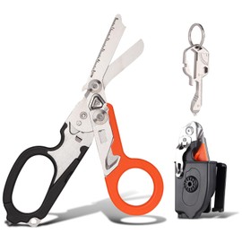 Trauma Shears 6 in1,Outdoor Camping Tools,Trauma Shears Foldable,Emergency Shears,Multi-function Shears,with Strap Cutter and Glass Breaker and Compatible Holster (orange-black)
