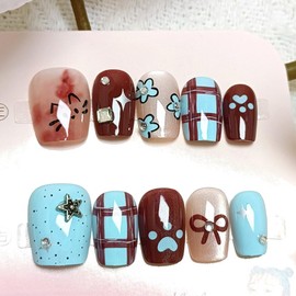 10pcs Cute False Nails Short Square with Flat Rhinestone Design Flower Press on Nails Short 3D Star Glossy Full Cover Acrylic Nails for Women Summer Cat Paw Print Bow Blue Manicure Decoration