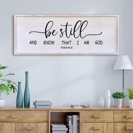 Be Still and Know that I am God Wall Decor 40"x15" Large Farmhouse Family Living Room Vintage Religious Bible Verses Entryway Sign Wood Framed Scripture Hallway Hanging Wall Art (White)