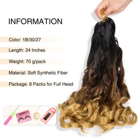 WIGER French Curl Ombre Braiding Hair Extensions Pre Stretched 24 inch 8 Packs Loose Wave Bouncy Braiding Hair With Curly Ends French Curl Crochet Braids Curly Braiding Hair for Black Women (1B/30/27)