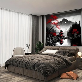 FENDROM Japanese Watercolor Black And Red Sun Tapestry, Asian Anime Mount Fuji Cherry Blossom Decorations Nature Landscape Wall Hanging for Bedroom Living Room Home Decor