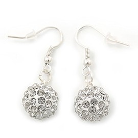 Clea Crystal White Enamel Ball Drop Earrings/Silver Tone/ 35mm L