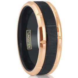 Magnificent 8mm Rose Gold Tungsten Carbide Band Ring with Notched Edges & Black Brushed Satin Finish Center with Polished Black Comfort Fit Inner Band. (Tungsten (8mm), 9)