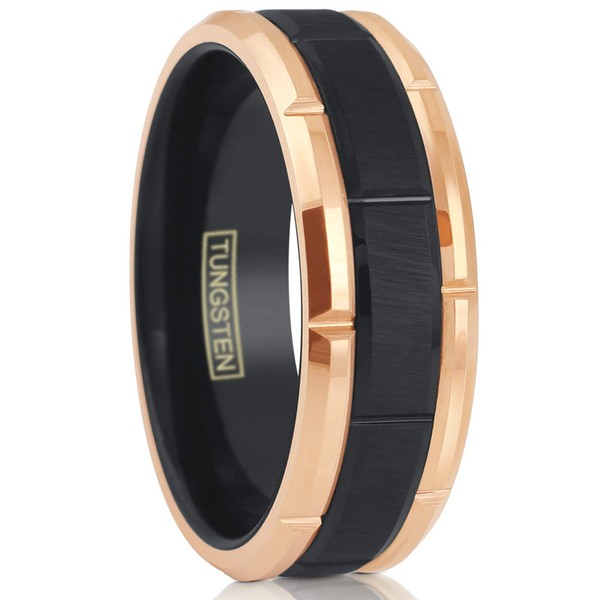 Magnificent 8mm Rose Gold Tungsten Carbide Band Ring with Notched
