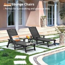 LUE BONA HDPS Chaise Lounge Chair with Table, 2-Piece,Outdoor Pool Lounge Chairs with Adjustable Backrest, Resin Patio Lounge Chairs with Wheels for Outside, Poolside, Black