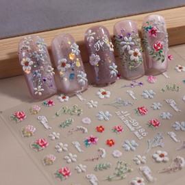 Flower Nail Stickers for Nail Art Flowers Nail Art Stickers Summer Floral Bouquet 5D Embossed Nail Decals Self-Adhesive Nails Supply Manicure Sliders Flower for Nails Decoration 4 Sheets
