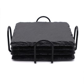4 PCS Square Slate Drink Coasters Set, SIJDIEE 4 Inch Black Slate Stone Coasters with Anti-Scratch Bottom and Coaster Holder for Office Bar Kitchen Home Dinner Table Decor Supplies