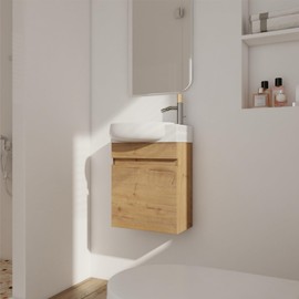 LKTART 16'' Floating Wall Mounted Bathroom Vanity with Round Single Oval Ceramic Sink Soft Close Doors for Small Bathroom Vanity (Oak)