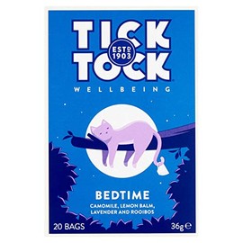 Tick Tock Bedtime, herbal tea blend with rooibos, naturally caffeine free, helps promote restful sleep. 20 bags