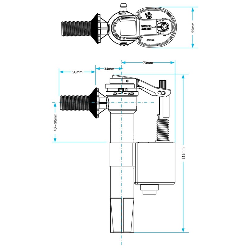 SPARES2GO Toilet Cistern Fill Valve Universal 1/2" BSP Adjustable Water