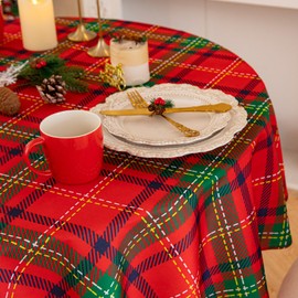 Romanstile Round Christmas Tablecloth Wipe Clean Red Green Gingham Xmas Table Cloth 229 cm（90 inch Diameter Large Table Cover Decor Tabletop for Outdoor Autumn Party Wedding Home New Year Festive