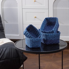 4PCS Blue Woven Storage Baskets – Handcrafted Paper Rope Bins for Home Organization, Bathroom, Kitchen, Bedroom – Decorative Storage Boxes for Toys, CDs, Cosmetics, Sundries