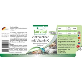 Fairvital Zinc Picolinate Capsules with Vitamin C – High Dose – Vegan – 90 Capsules – with 15 mg Zinc per Capsule